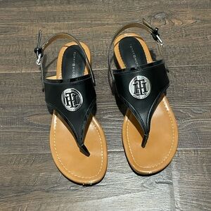 Tommy Hilfiger Black and Tan Leather Thong Sandals